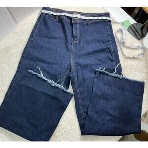 Oat High Rise Wide Leg Jeans Raw Hem Dark Wash Boho Size 14W Womens